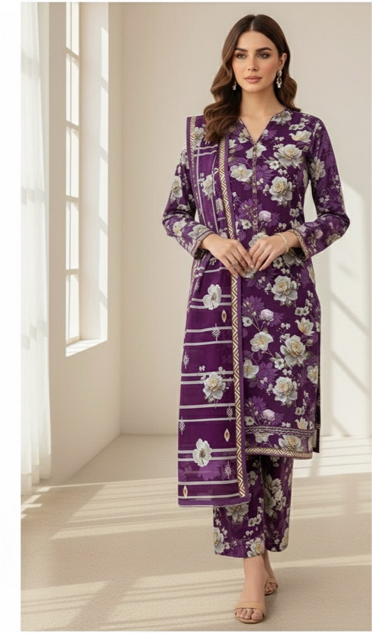 3Piece - Linen Printed Suit ES145